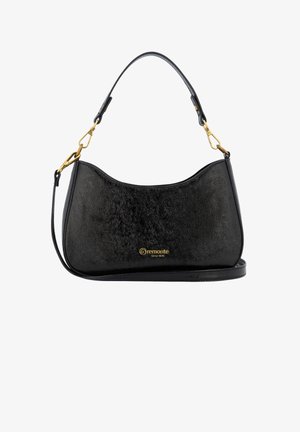 Sac à main en cuir noir texturé avec quincaillerie dorée, bandoulière courte et bandoulière longue amovible, affichant le logo doré "remonte Since 1876".