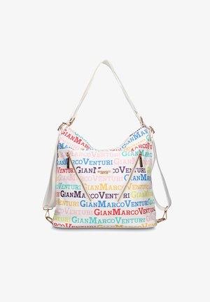 Borsa a tracolla bianca con testo multicolore "GianMarco Venturi", due cerniere frontali diagonali e una tracolla regolabile con accessori dorati.