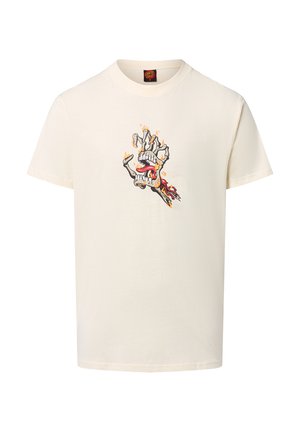 Crème-kleurige katoenen T-shirt met een illustratie van een vlammenhand en mond ontwerp met zwarte en rode accenten. Korte mouwen en ronde hals.
