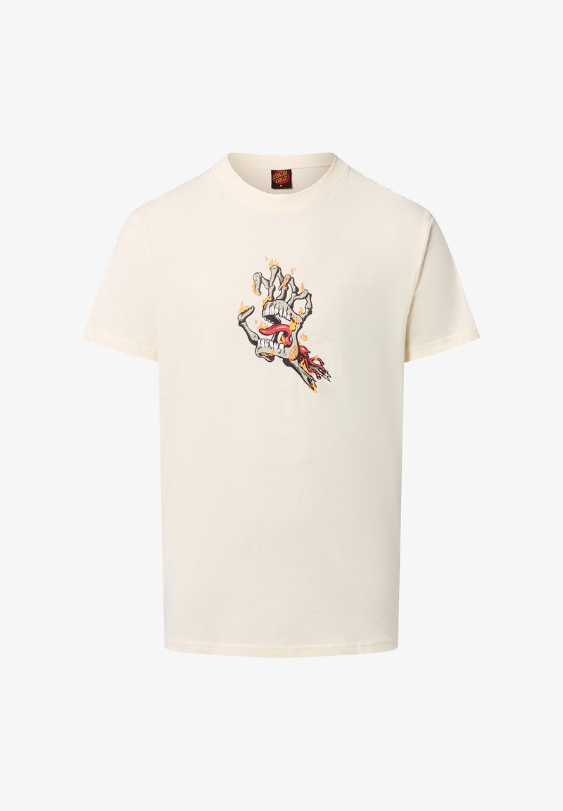 T-shirt in cotone color crema con un'illustrazione di una mano e una bocca in fiamme, con dettagli neri e rossi. Maniche corte e collo tondo.