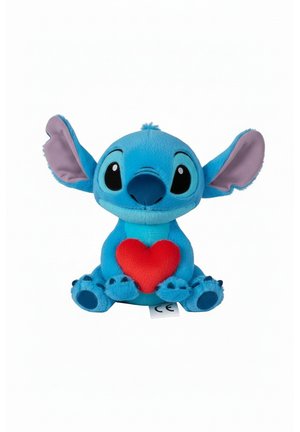 Plush toy shaped like a cartoon alien. Bright blue with a red heart patch, large ears, round black eyes, and paws with contrasting accents.