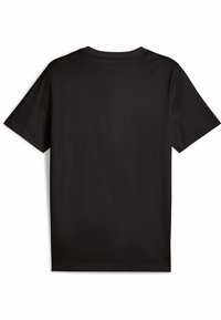 Camiseta negra de manga corta hecha de algodón suave, con un clásico cuello redondo y una parte trasera lisa sin patrones ni acentos visibles.