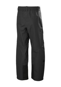 Pantaloni outdoor impermeabili neri con vita elastica, tasca cargo laterale e pannelli rinforzati su ginocchia e polpacci, mostrati da dietro.