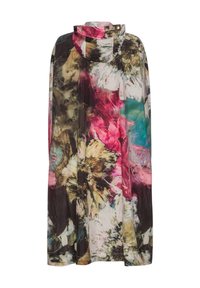 Floral-gepatroond cape in meerdere kleuren van roos, teal en bruin. Gemaakt van lichtgewicht stof met een kraag en een losvallend ontwerp.