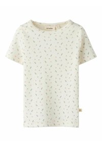 Cremefarbenes, kurzärmliges, geripptes Baumwolltop mit kleinem pink-grünem Blumenmuster, rundem Ausschnitt mit dezentem Volantbesatz und Lil’ Atelier Etikett.