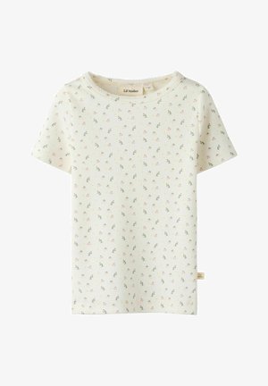 Råhvid kortærmet ribstrikket bomuldsbluse med lille pink og grøn blomsterprint, rund halsudskæring med diskret flæsekant og Lil’ Atelier-mærke.