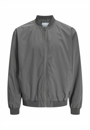 Chaqueta bomber gris hecha de un material ligero y suave, con cierre frontal de cremallera completa, puños acanalados y cintura ajustada. Diseño sencillo sin patrones.