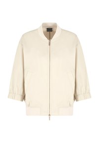 Giacca bomber beige chiaro con zip frontale, polsini elasticizzati, tasche laterali e orlo a coste. Tessuto liscio e durevole con una vestibilità rilassata.
