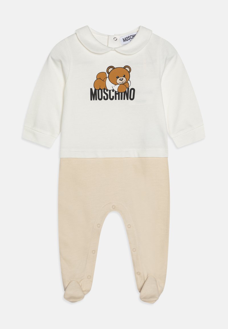Rompers per neonato bianchi e beige con grafica di un orsetto, colletto rotondo, maniche lunghe e chiusure a scatto nella parte inferiore per una facile vestizione.