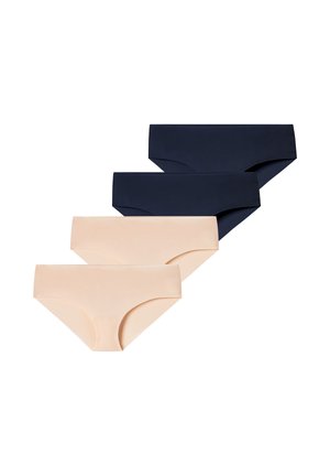 Fire sømløse hipster trusser til kvinder i marineblå og beige, liggende fladt og overlappende diagonalt på en hvid baggrund.