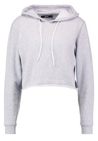 Sweat à capuche court gris clair avec manches longues, cordon de serrage à l'avant et poignets côtelés sur fond blanc.