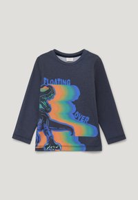 Marineblaues Langarm-T-Shirt aus Baumwollmischung mit einem bunten Dinosaurier-Graphic und dem Text "FLOATING OVER" in lebhaften Farben.
