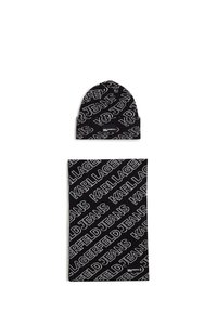 Knit beanie and scarf set in black featuring repeating white "Karl Lagerfeld Jeans" text. Soft texture with a snug fit.