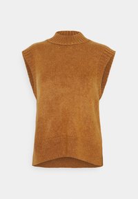 Pull en maille à manches courtes de couleur moutarde avec un col montant ; texture douce et ourlet côtelé avec un bord inférieur légèrement incurvé.