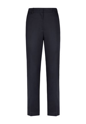 Navy-Hosen aus glattem Stoff mit geradem Bein-Design, Fronttaschen und flachem Bund mit Gürtelschlaufen.