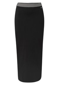 Jupe crayon noire taille haute avec une large ceinture élastique blanche et noire rayée et un petit logo sur le côté droit.