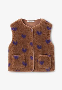 Gilet en polaire marron avec des motifs de cœurs violets, un col rond et deux poches avant. Bordé de tissu coordonné le long des bords.