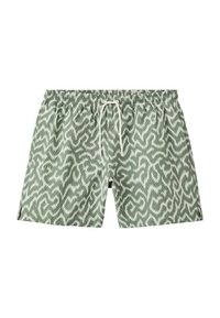 Shorts de bain vert clair avec motif abstrait ondulé blanc, taille élastique et cordon blanc à nouer à l'avant.