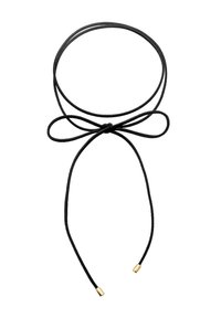 Crni kabelasti choker s dizajnom mašne, koji sadrži dva zlatna cijevaste krajeve. Glatka tekstura dopunjuje jednostavan, elegantan oblik.