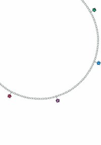 Collana in argento con gemme multicolori: verde, blu, viola e rossa, ognuna montata in un raffinato incastonato a griffe.