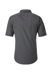 Short-sleeve shirt in dark blue fabric, featuring a geometric pattern in white, orange, and blue. Button-down collar and smooth texture.