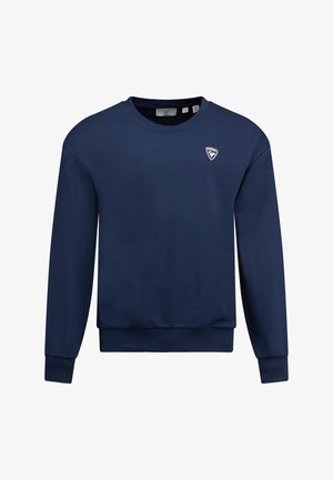 Marineblaues Sweatshirt aus weichem Stoff, mit Rundhalsausschnitt, gerippten Bündchen und Saum sowie einem kleinen Emblem auf der Brust.