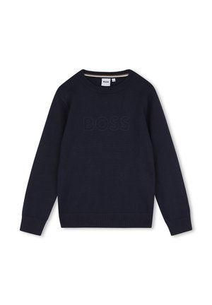 Pull bleu marine à manches longues avec poignets et ourlet côtelés, avec texte en relief "BOSS" à l'avant et col rond.