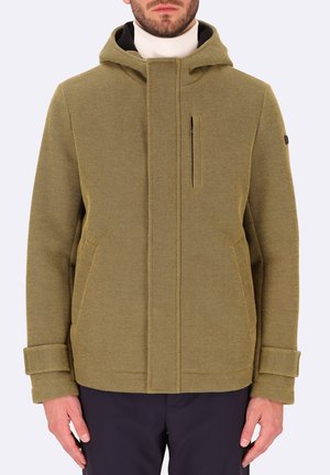Giacca verde a trama con cappuccio, dotata di tasca frontale con zip, tasche laterali e polsini arrotolati. Realizzata in materiale tessuto con un motivo geometrico.
