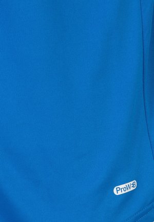 Blauer sportlicher Stoff mit glatter Textur und einem leichten Glanz. Merkmale ein weißes "ProW"-Logo in der unteren rechten Ecke.