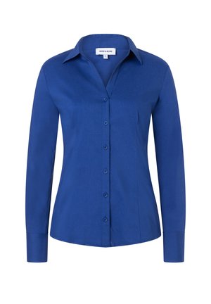 Blue long-sleeve women's fitted button-up shirt with collar and seven buttons on a white background.