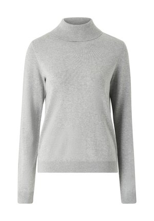 Grauer Strickpullover mit Stehkragen und langen Ärmeln, gerippter Kragen und Saum, mit glatter Textur und legerer Passform.