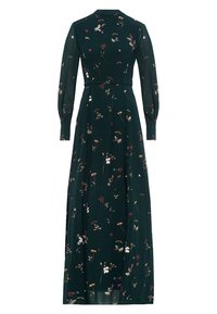 Mörkgrön maxikjol med långa ärmar, hög halsringning, figursydd midja och en delikat liten blommönster i röda, vita och beige ton.