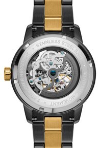 Automatisk klokke med armbånd i rustfritt stål og gullfarge, klar bakdeksel som viser den intrikate bevegeligheten og tannhjulene, 30 meters vanntetthet.