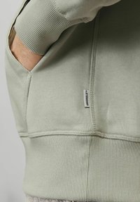 Sudadera verde claro con puños y dobladillo acanalados, bolsillo lateral y una pequeña etiqueta en la costura. Material suave con acabado de textura lisa.