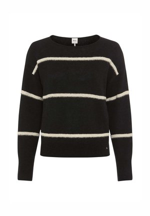 Sort sweater med brede elfenbensstriber. Har bådudskæring og lange ærmer. Blød tekstur med ribbede detaljer ved manchetter og kant.