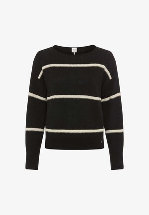 Maglione nero con ampie strisce color avorio. Presenta un colletto a barca e maniche lunghe. Tessuto morbido con dettagli a costine ai polsini e all'orlo.