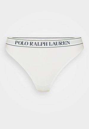 White cotton thong with a black and white striped waistband featuring "POLO RALPH LAUREN" logo. Smooth texture, minimalist design.