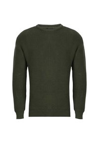 Grüner gerippter Strickpullover mit langen Ärmeln und rundem Ausschnitt, aus strukturiertem Stoff und mit geradem Saum, entworfen für Wärme und Komfort.