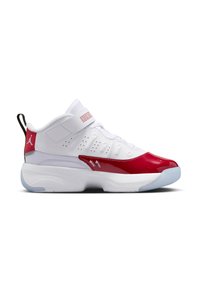 Baskets blanches avec accents rouges, tige en synthétique, col rembourré, sangle sur les lacets, panneaux en maille et semelle extérieure translucide.