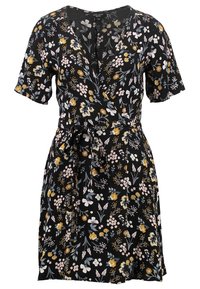 Vestido negro envolvente con mangas cortas y estampado floral en amarillo, blanco y rosa, que presenta un lazo en la cintura y un escote en V.