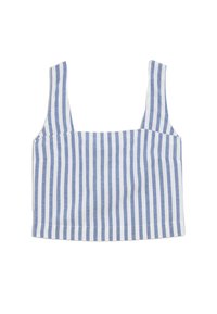 Blauw-wit gestreepte cropped top met brede banden en vierkante halslijn. Gemaakt van lichte stof, met verticale lijnen en een eenvoudig ontwerp.