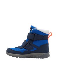 Niebieskie i granatowe wysokie buty z dwoma rzepami, teksturowana tkanina, szara podeszwa i biała futrzana wyściółka, z pomarańczową pętelką.