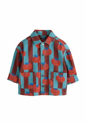 Kinder Langarm-Knopfleiste Jacke mit blauen und braunen vertikalen Streifen und Druck mit lächelnden roten Tomatengesichtern, mit zwei Vordertaschen.