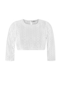 Weißes, kurzes Oberteil aus Spitze mit strukturiertem Muster, rundem Halsausschnitt und Dreiviertelärmeln. Mit Knopfverschluss an der Rückseite.