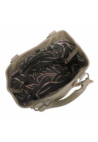 Sac à main vert olive avec un extérieur doux, présentant un intérieur noir doublé d'un motif de feuilles roses. Comprend deux poches latérales et une fermeture supérieure.