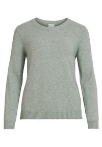 Světle zelený pletený svetr s kulatým výstřihem, dlouhými rukávy a žebrovými detaily na manžetách a spodním lemu. Měkká textura, minimalistický design.