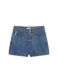 Shorts in denim di blu medio, con design a cinque tasche, chiusura a bottone e passanti per cintura. Taglio pulito con lieve sbiadimento sul tessuto.