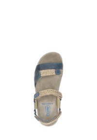 Open-toe sandal with beige woven straps and blue leather accents, featuring adjustable closures and cushioned footbed.