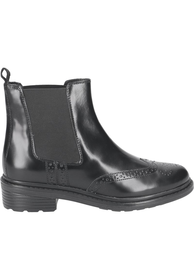 Bottines Chelsea en cuir noir avec des panneaux latéraux en élasthanne, des détails brogues sur le dessus et un talon bas. Texture lisse et brillante.
