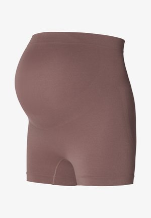 Zwangerschapsshorts in een zachte, rekbare stof. Heeft een hoge taille en is ontworpen voor comfort, in een gedempte, aardse bruine kleur.